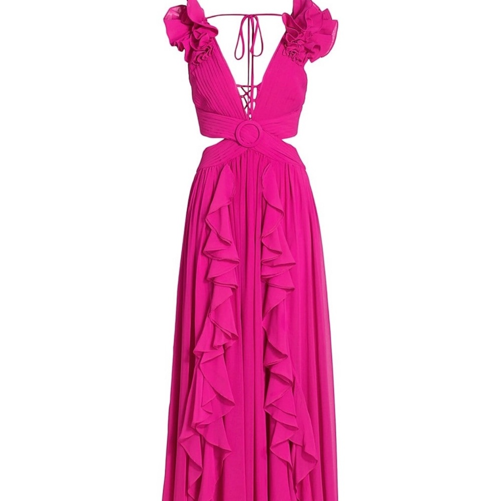 PATBO size 0 flutter sleeve hot pink maxi long dress ruffles v neckline PROM